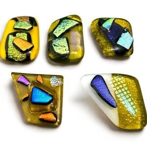 Set of 5 Dichroic Glass Art Pieces – Iridescent Abstract Yellow Mosaic